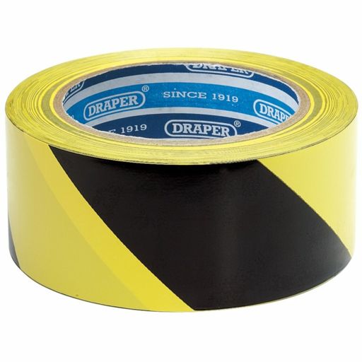 Draper Adhesive Hazard Tape Roll, 33m x 50mm, Black and Yellow Image 1