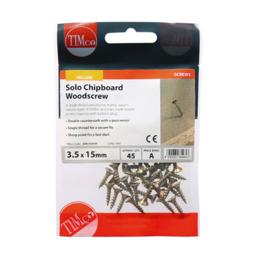 TIMco Solo Woodscrews - PZ - Double Countersunk - Yellow 3.5x15mm Image 2
