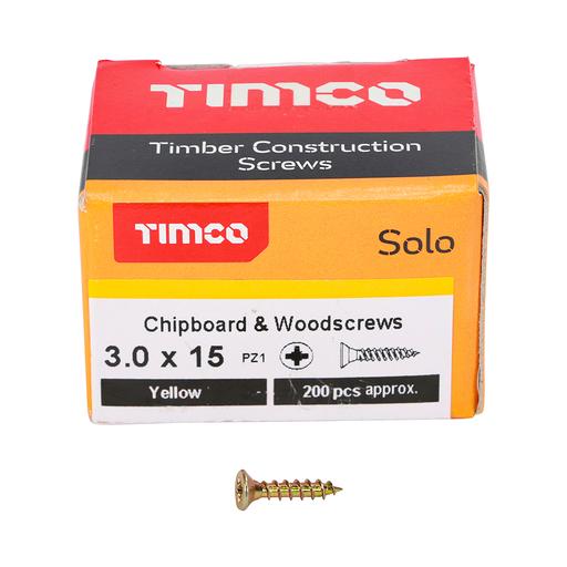 TIMco Solo Woodscrews - PZ - Double Countersunk - Yellow 3.0x15mm
