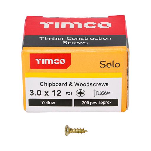 TIMco Solo Woodscrews - PZ - Double Countersunk - Yellow 3.0x12mm
