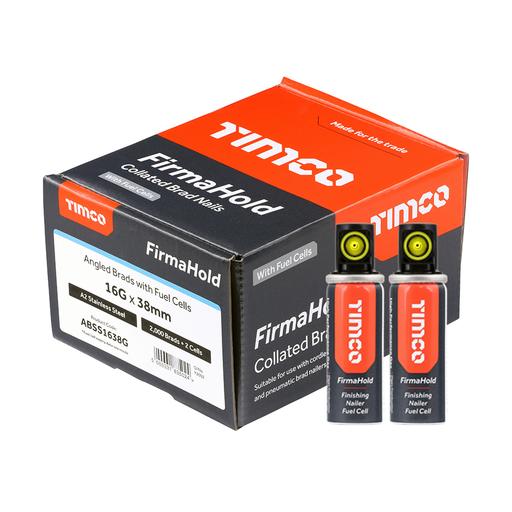 TIMCO Firmahold Collated Brad Nails & Fuel Cells - 16 Gauge - Angled - A2 Stainless Steel (16 x 38/2BFC, Box of 2000)
