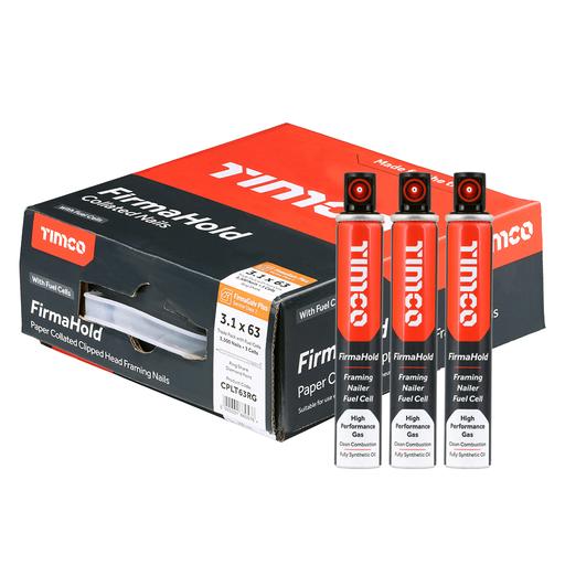 TIMCO Firmahold Collated Clipped Head Nails & Fuel Cells - Trade Pack - Ring Shank - Firmagalv + (3.1 x 63/3CFC, Box of 3300)