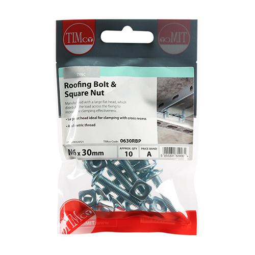 TIMCO Roofing Bolts & Square Nuts - Zinc (M6 x 30, TIMpac of 10)