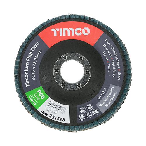TIMCO Set Of Flap Discs - Zirconium - Type 29 Conical - P60 Grit (115 x 22.23, Box of 10)