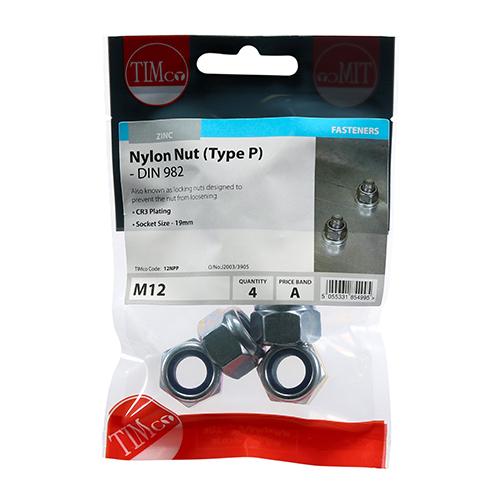 P Nylon Nut - BZP, M12, 4pk