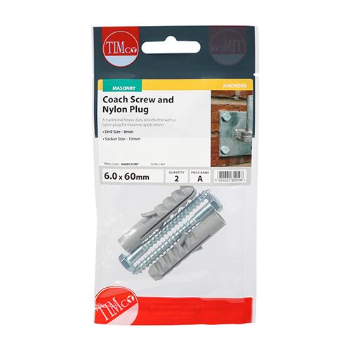 Coach Screw with Nylon Plug, 6x60mm, 2pk