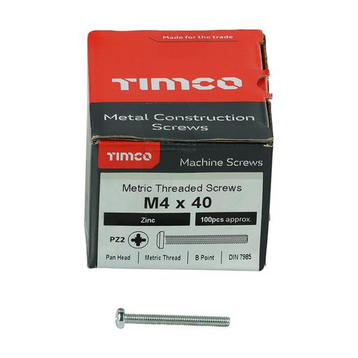 TIMCO Metric Threaded Machine Screws - PZ - Pan Head - Zinc (M4 x 40, Box of 100)