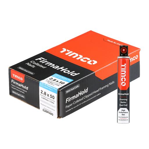 TIMCO Firmahold Clipped Head Collated Nails & Fuel Cells - Retail Pack - Ring Shank - A2 Stainless Steel (2.8 x 50/1CFC, Box of 1100)