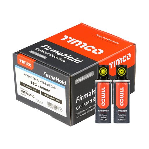 TIMCO Firmahold Collated Brad Nails & Fuel Cells - 16 Gauge - Angled - A2 Stainless Steel (16 x 64/2BFC, Box of 2000)