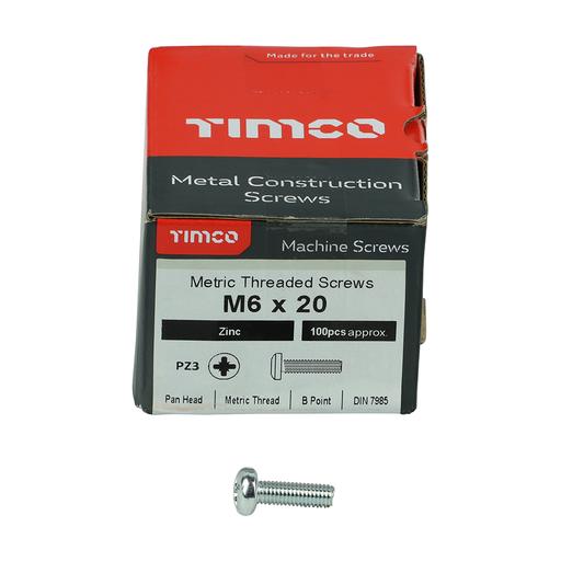 TIMCO Metric Threaded Machine Screws - PZ - Pan Head - Zinc (M6 x 20, Box of 100)