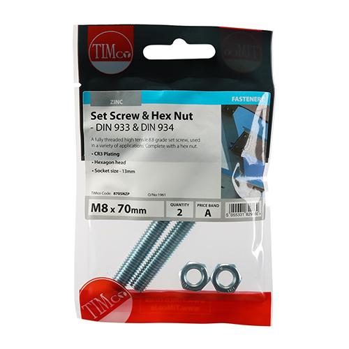 Hex Bolt & Nut, 8x70mm, 2pk