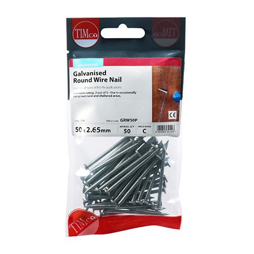 TIMCO Round Wire Nails - Galvanised (50 x 2.65, TIMpac of 50)