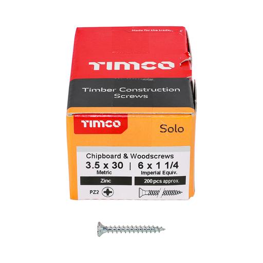 TIMco Solo Woodscrews - PZ - Double Countersunk - Zinc 3.5x30mm