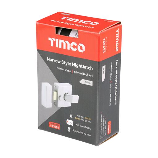 TIMCO Narrow Style Nightlatch - Silver (68 case / 40 backset, Box of 1)
