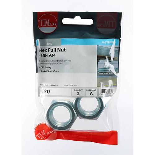 Hex Nut, M20, 2pk