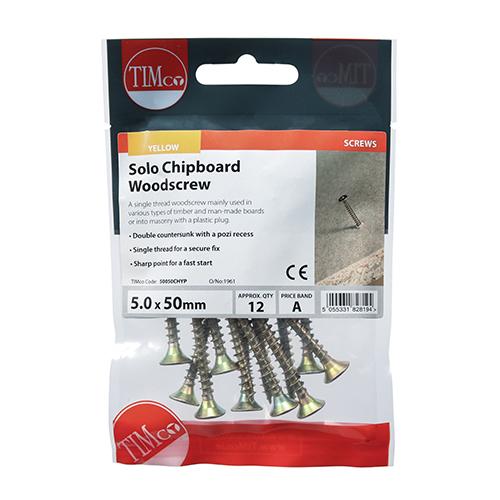 TIMco Solo Woodscrews - PZ - Double Countersunk - Yellow 5.0x50mm
