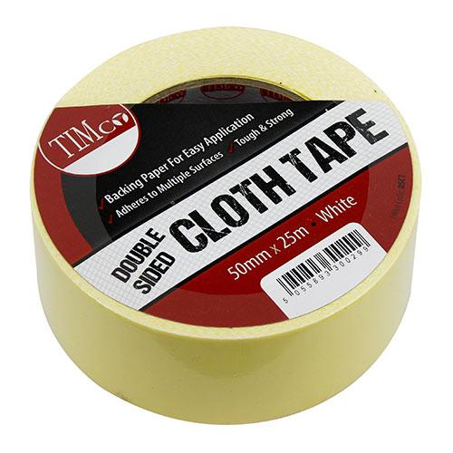 TIMCO Double Sided Cloth Tape - White (25m x 50mm, Roll of 1)