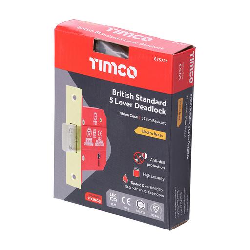 TIMCO 5 Lever British Standard Ce Deadlock - Electro Brass (78 case / 57 backset, Box of 1)