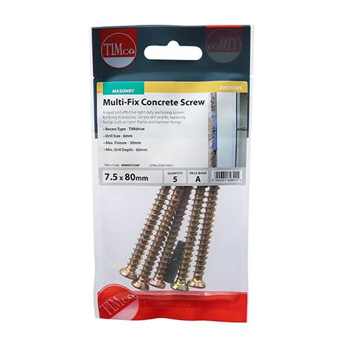 TIMCO Concrete Screws - TX - Flat Countersunk - Yellow (7.5 x 70, TIMpac of 5)