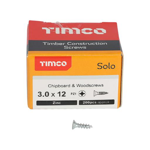 TIMco Solo Woodscrews - PZ - Double Countersunk - Zinc 3.0x12mm