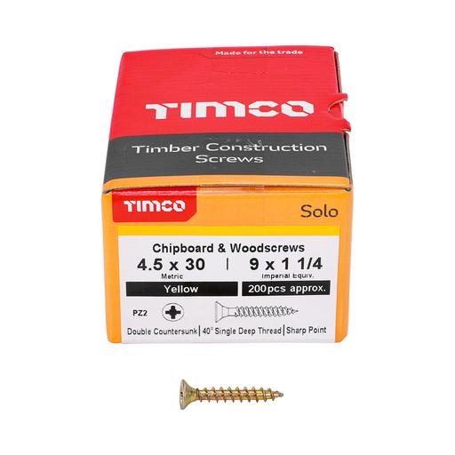 TIMco Solo Woodscrews - PZ - Double Countersunk - Yellow 4.5x30mm