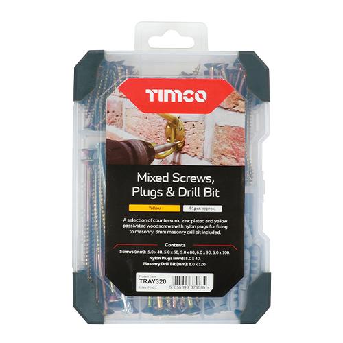 TIMCO Mixed Tray - Screws Plug & Drill Bit - Yellow (91pcs, Tray of 91)