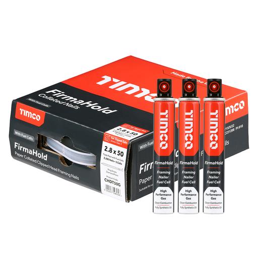 TIMCO Firmahold Collated Clipped Head Nails & Fuel Cells - Trade Pack - Ring Shank - Hot Dipped Galvanised (2.8 x 50/3CFC, Box of 3300)