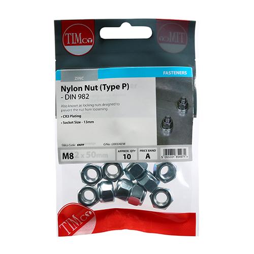 P Nylon Nut - BZP, M8, 10pk