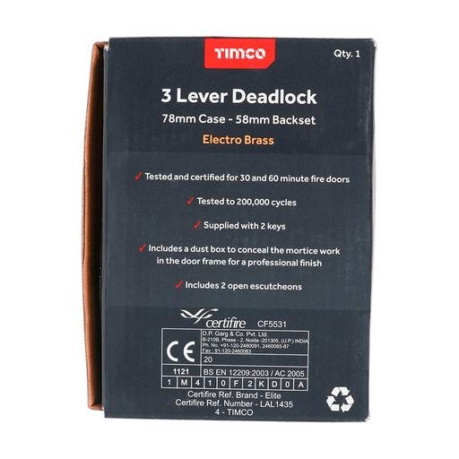 TIMCO 3 Lever Deadlock - Electro Brass (78 case / 58 backset, Box of 1)