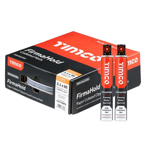TIMCO Firmahold Collated Clipped Head Nails & Fuel Cells - Trade Pack - Part Ring Shank - Firmagalv + (3.1 x 90/2CFC, Box of 2200)