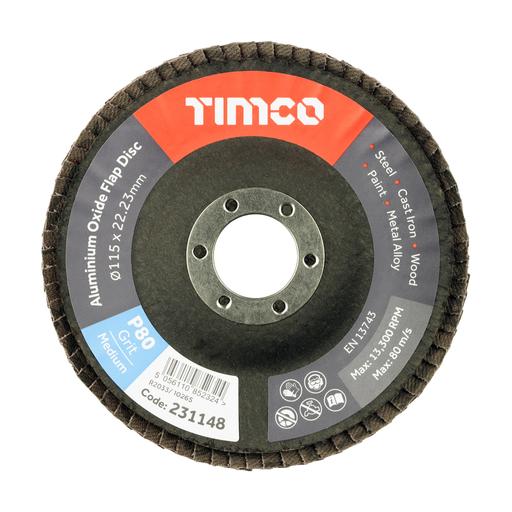 TIMCO Set Of Flap Discs - Aluminium Oxide - Type 29 Conical - 80 Grit (115 x 22.23, Pack of 10)