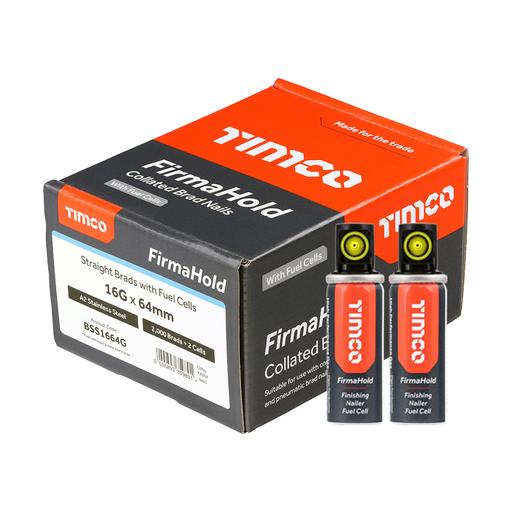 TIMCO Firmahold Collated Brad Nails & Fuel Cells - 16 Gauge - Straight - A2 Stainless Steel (16g x 64/2BFC, Box of 2000)