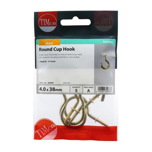 TIMCO Cup Hooks - Round - Electro Brass (38mm, TIMpac of 5)