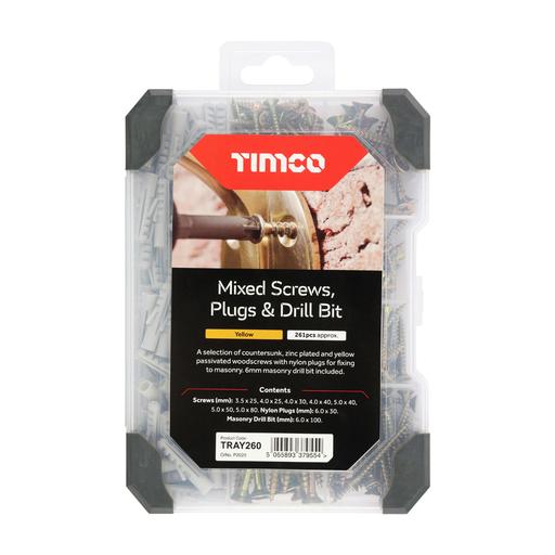 TIMCO Mixed Tray - Screws Plug & Drill Bit - Yellow (251pcs, Tray of 251)