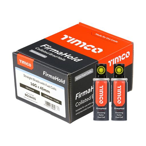 TIMCO Firmahold Collated Brad Nails & Fuel Cells - 16 Gauge - Straight - Galvanised (16g x 45/2BFC, Box of 2000)