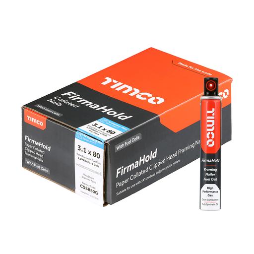 TIMCO Firmahold Collated Clipped Head Nails & Fuel Cells - Retail Pack - Ring Shank - A2 Stainless Steel (3.1 x 80/1CFC, Box of 1100)