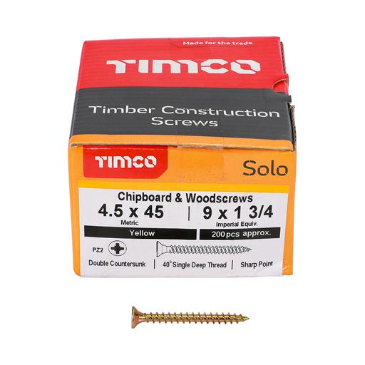 TIMco Solo Woodscrews - PZ - Double Countersunk - Yellow 4.5x45mm