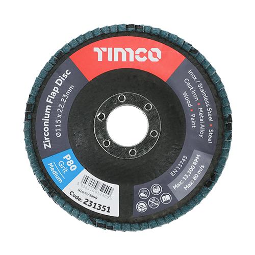 TIMCO Set Of Flap Discs - Zirconium - Type 29 Conical - P80 Grit (115 x 22.23, Box of 10)