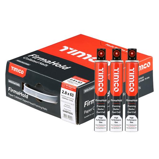 TIMCO Firmahold Collated Clipped Head Nails & Fuel Cells - Trade Pack - Ring Shank - Hot Dipped Galvanised (2.8 x 63/3CFC, Box of 3300)