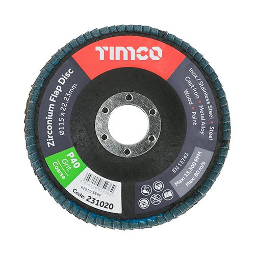 TIMCO Set Of Flap Discs - Zirconium - Type 29 Conical - P40 Grit (115 x 22.23, Box of 10)