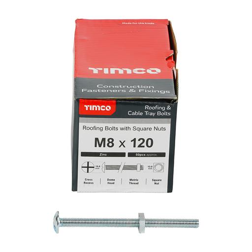 TIMCO Roofing Bolts With Square Nuts - Zinc (M8 x 120, Box of 50)