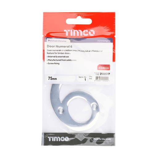 TIMCO Door Numeral 6 - Polished Chrome (75mm, TIMpac of 1)