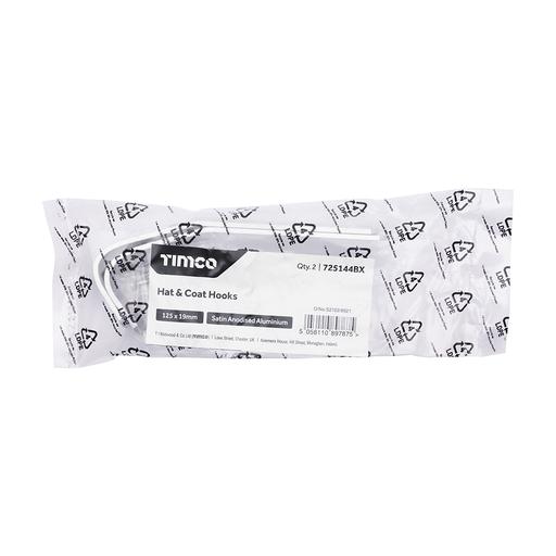 TIMCO Hat & Coat Hooks - Satin Anodised Aluminium (125 x 19, Bag of 2)