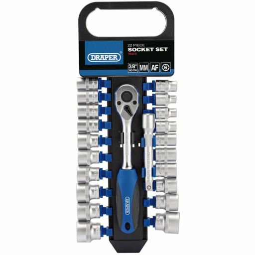 Draper Combined MM AF Socket and Ratchet Set, 3,8 Sq. Dr. (22 Piece)