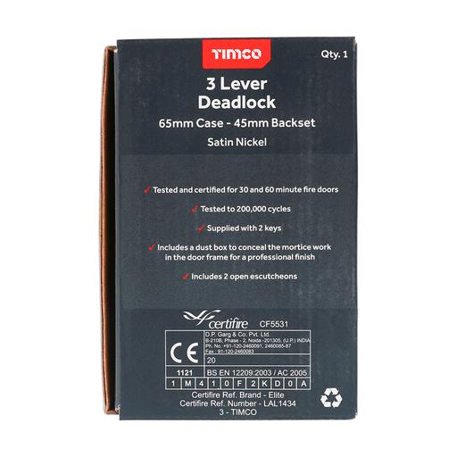 TIMCO 3 Lever Deadlock - Satin Nickel (65 case / 45 backset, Box of 1)