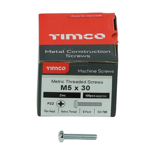 TIMCO Metric Threaded Machine Screws - PZ - Pan Head - Zinc (M5 x 30, Box of 100)