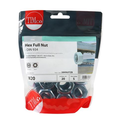 TIMCO Hex Full Nuts - Zinc (M20, TIMbag of 20)