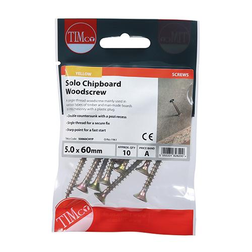 TIMco Solo Woodscrews - PZ - Double Countersunk - Yellow 5.0x60mm
