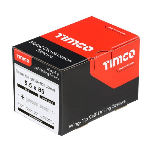 TIMCO Metal Construction Timber To Light Section Screws - Countersunk - Wing-Tip - Self-Drilling - Zinc (5.5 x 85, Box of 100)