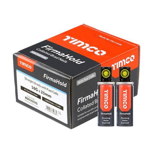 TIMCO Firmahold Collated Brad Nails & Fuel Cells - 16 Gauge - Straight - A2 Stainless Steel (16g x 25/2BFC, Box of 2000)